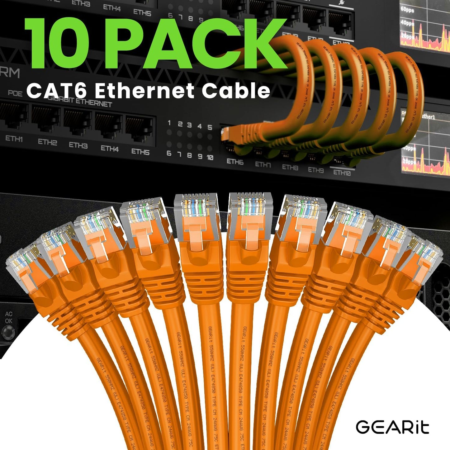 GearIT Cat 6 Ethernet Cable (10-Pack 7 Feet) Cat6 Network Patch, 10Gbps, RJ45, Snagless Cord, Gold-Plated Connectors, Internet for PC, TV, Tablet, Router, Printer, Servers, IT Data Center - Orange