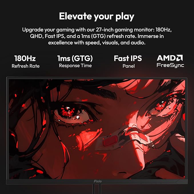 Pixio PX278 Wave 27 inch 180Hz Refresh Rate QHD 1440p Resolution Fast IPS Panel 1ms GTG Response Time Gaming Monitor with FreeSync