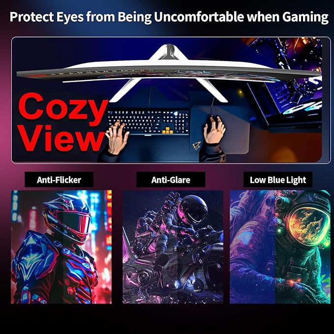 ZZA 27" Curved Gaming Monitor 300HZ Computer Monitor, FHD 1080p 1ms 1800R VA Screen, 99% sRGB, Support AMD FreeSync, Blue Light Filter, HDMI*2 & DP*2, VESA Mounting Compliant- White