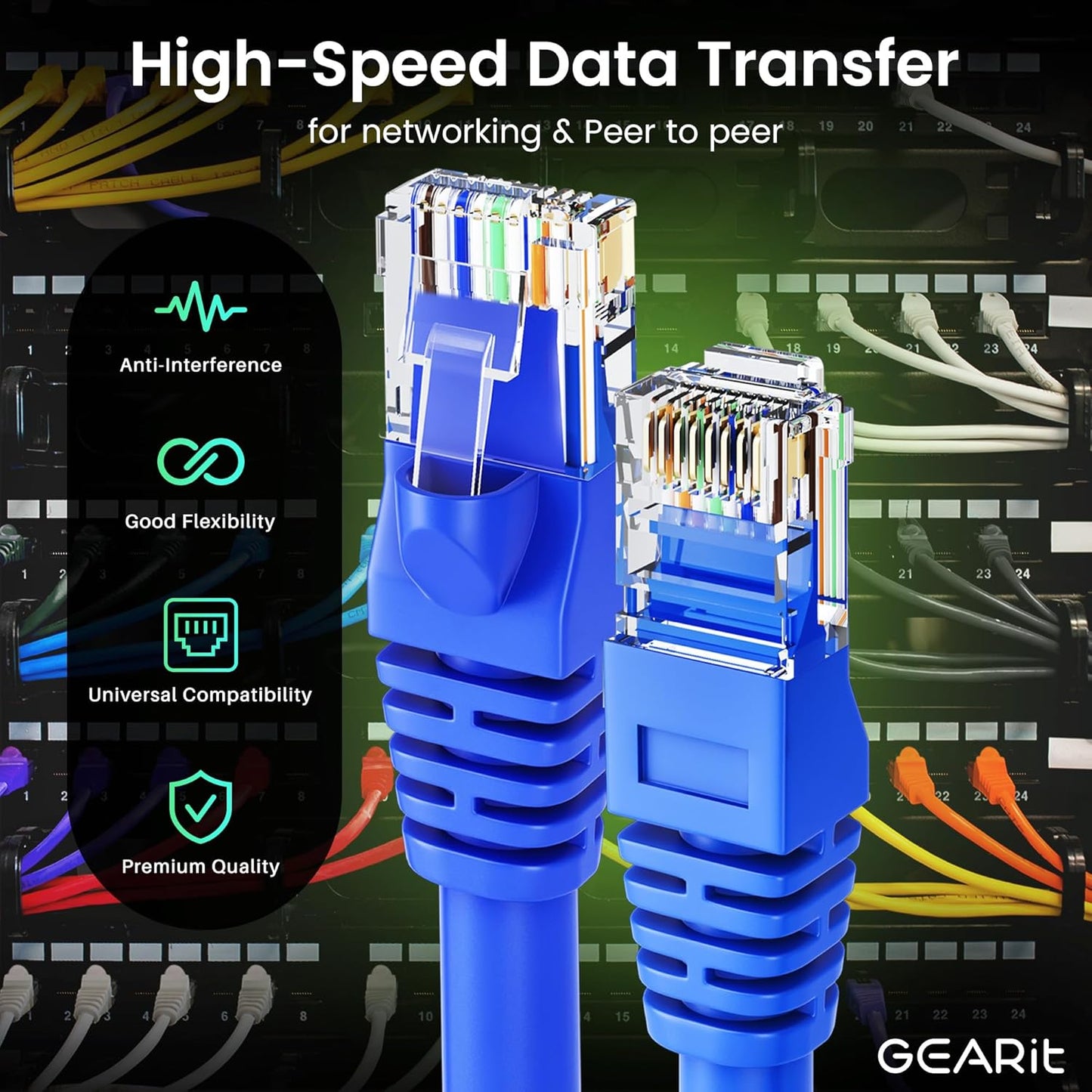 GearIT Cat 6 Ethernet Cable Pack - 10-Pack 15 ft Cat6 Ethernet Patch Cables | RJ45 Network Patch Cable, 10 Gbps Snagless Gold-Plated Connectors - Ethernet Cable Cat 6 for PC, TV, Router - Blue