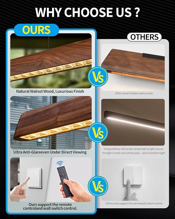 70" Wood Linear Pendant Light, Dimmable Kitchen Island Lighting with Remote, 30W LED Island Lights for Kitchen, Adjustable Linear Chandelier for Dinning Room Light Fixture, Bar, Pool Table - Walnut