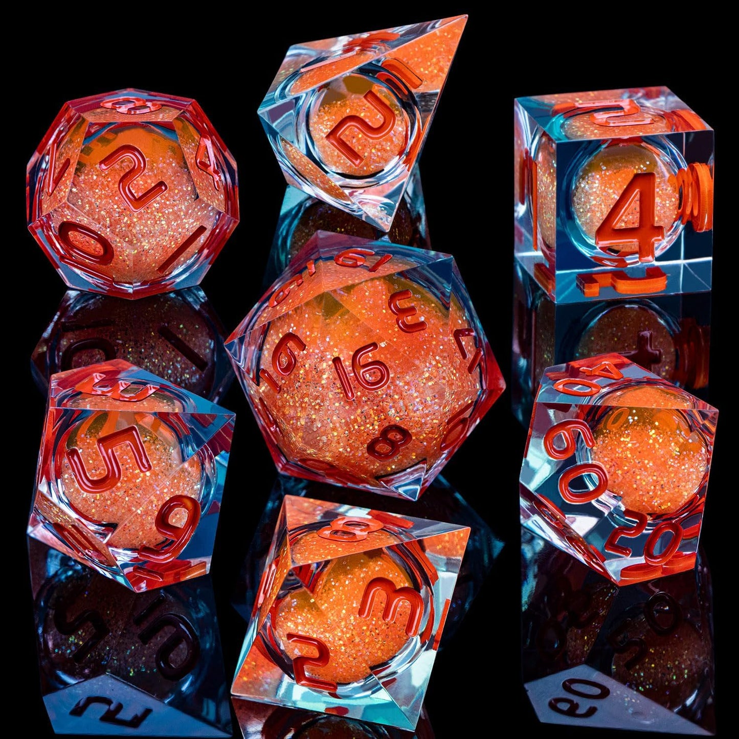 ARUOHHA Liquid Core DND Dice Set, 7pcs Resin Sharp Edged Dragons Dice Role Playing Games, RPG Orange Dungeons Polyhedral Dice with Gift Box D20 D12 D10 D8 D6 D4