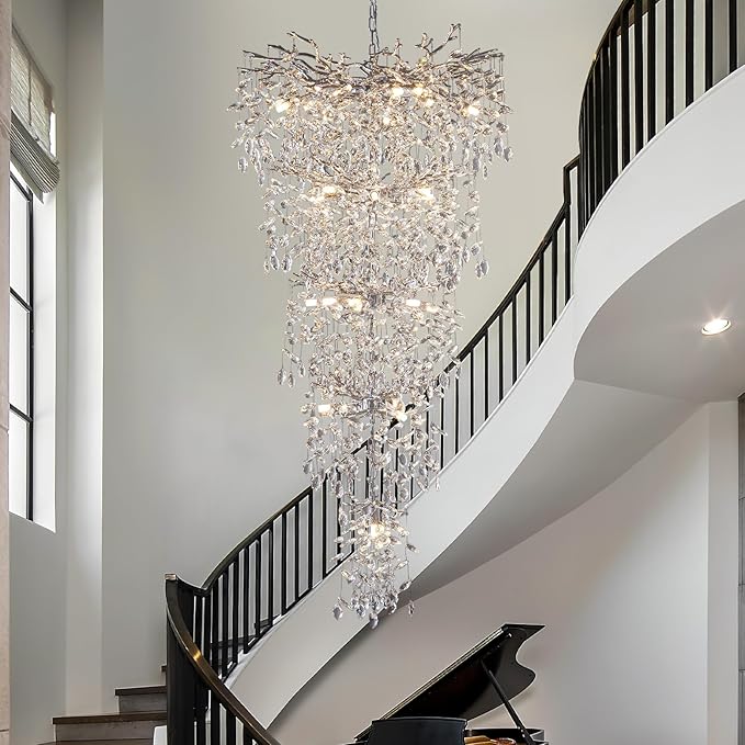 H63" Long Crystal Chandelier for High Ceiling, 28-Light Modern Silver Tree Branch Chandelier, Large Chandeliers for Staircase, Foyer, Entryway, Living Room, 5-Tier Luxury K9 Raindrop Light Fixture