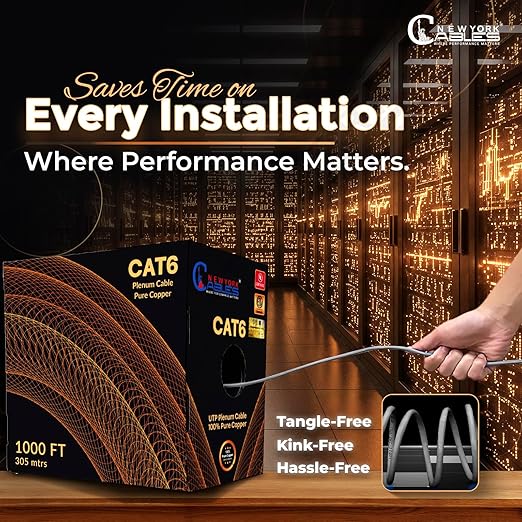 NewYork Cables | CAT6 Plenum Cable 1000ft UL/ETL Listed, 100% Pure Copper, UTP, 550MHz, 23AWG, 4Pair 10GB Ethernet Cable | Certified CMP-Rated Fire-Resistant (1000ft, Pure Copper UL Listed, Grey)