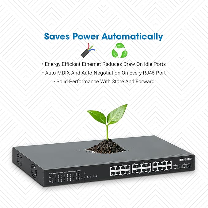Intellinet 24-Port Unmanaged PoE+ Gigabit Ethernet Switch - 370W Power Budget, 4 x 10 Gbps SFP+ Ports, Rackmount / Desktop, Autosensing Ports, Sturdy Metal - 3 Yr Mf Warranty - 561761