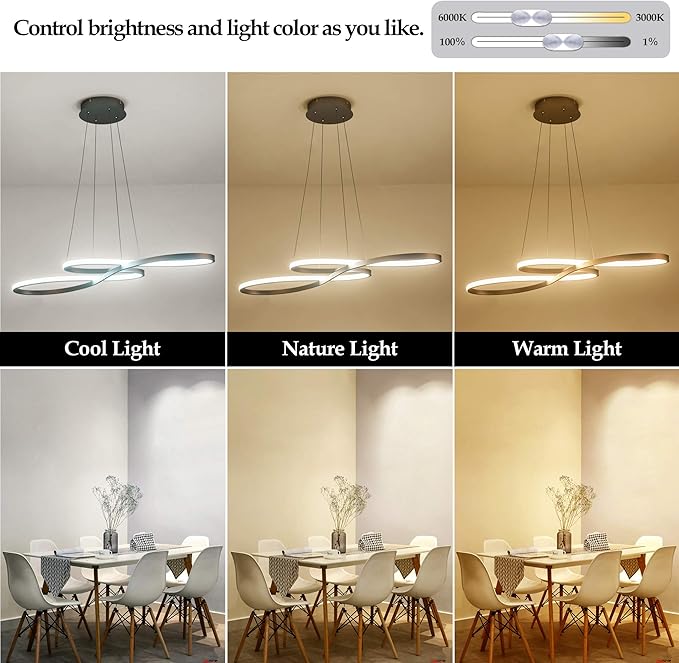 Modern LED Chandelier Dining Room Pendant Light Dimmable Creative Chandelier Remote Control Color/Brightness 3000-6000K Adjustable Hanging Lamp for Bedroom Living Room Kitchen 60W (Silver)