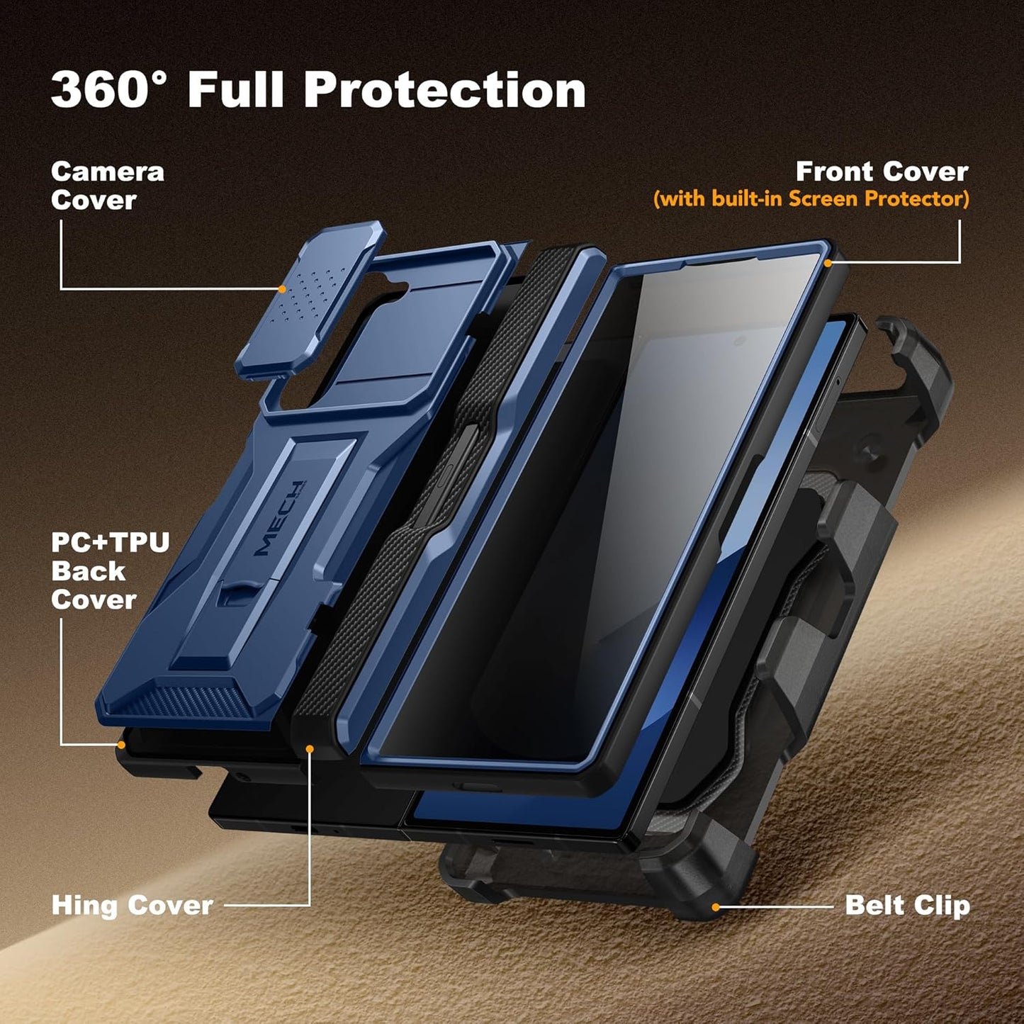 TONGATE for Z Fold 6 Case, [with S Pen Slot & Hinge Protection] [Privacy Glass Screen Protector] Full-Body Military Drop Phone Case for Samsung Galaxy Z Fold 6 with Kickstand & Belt Clip, Blue Privacy
