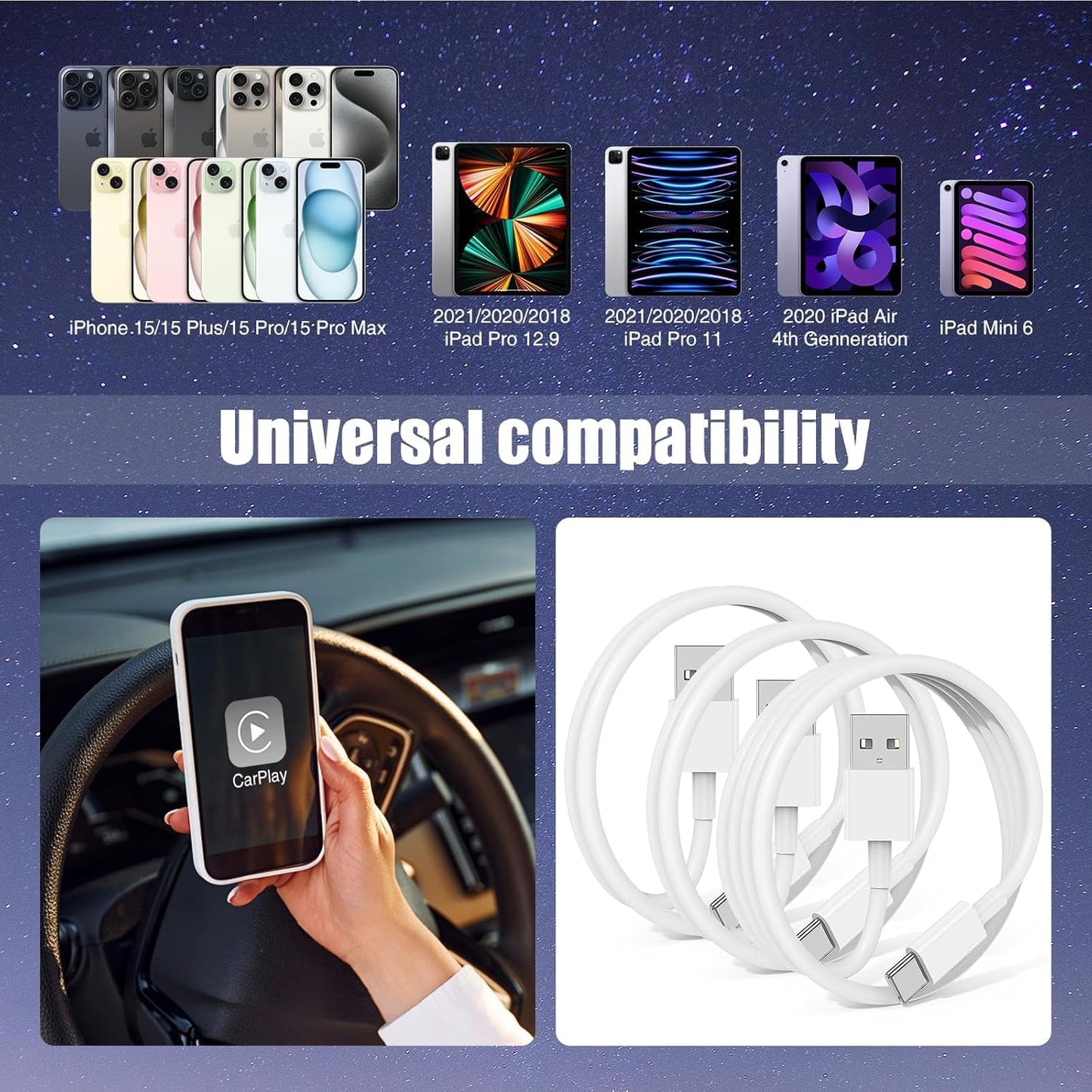 3-Pack [10FT+6FT+3.3FT] Car Carplay Cable USB A to USB C Cable for iPhone 16 15 Pro Plus Pro Max，for iPad Pro/Air/Mini，for Samsung Galaxy S25/S24/S23，for MacBook Pro/Air and More