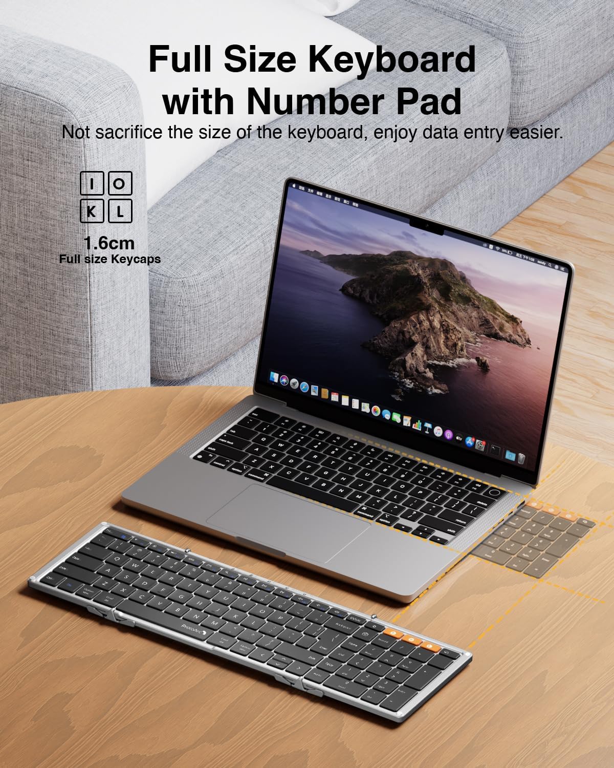 ProtoArc Foldable Bluetooth Keyboard, XK01 Folding Wireless Portable Keyboard with Numeric Keypad, Full-Size Travel Keyboards for iPad Tablet Smartphone Laptop PC Windows iOS Android, Black Silver