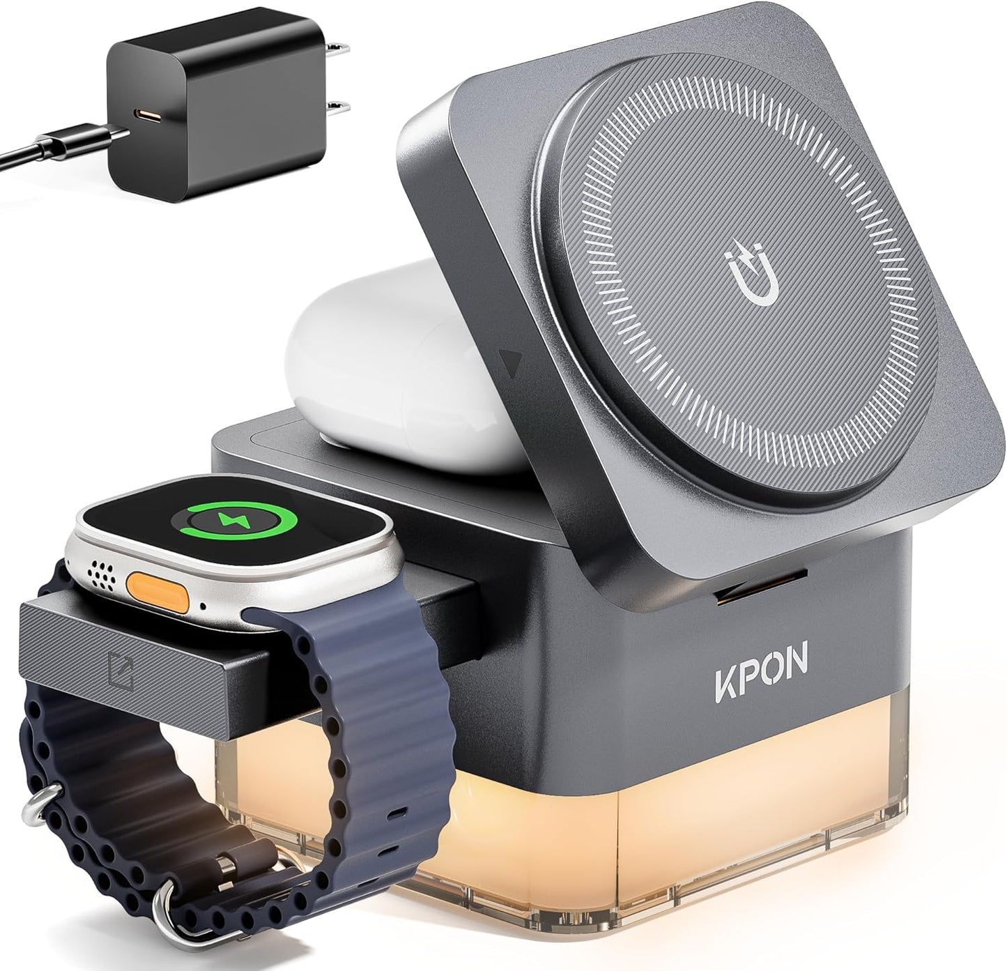 KPON for iPhone Nightstand Charging Station,15W 3 in 1 Wireless Phone Charger Stand with Night Lamp, Travel Foldable Magnetic Cube Magsafe Dock for iPhone 16 15 14 13 12 Series/Apple Watch/Airpods