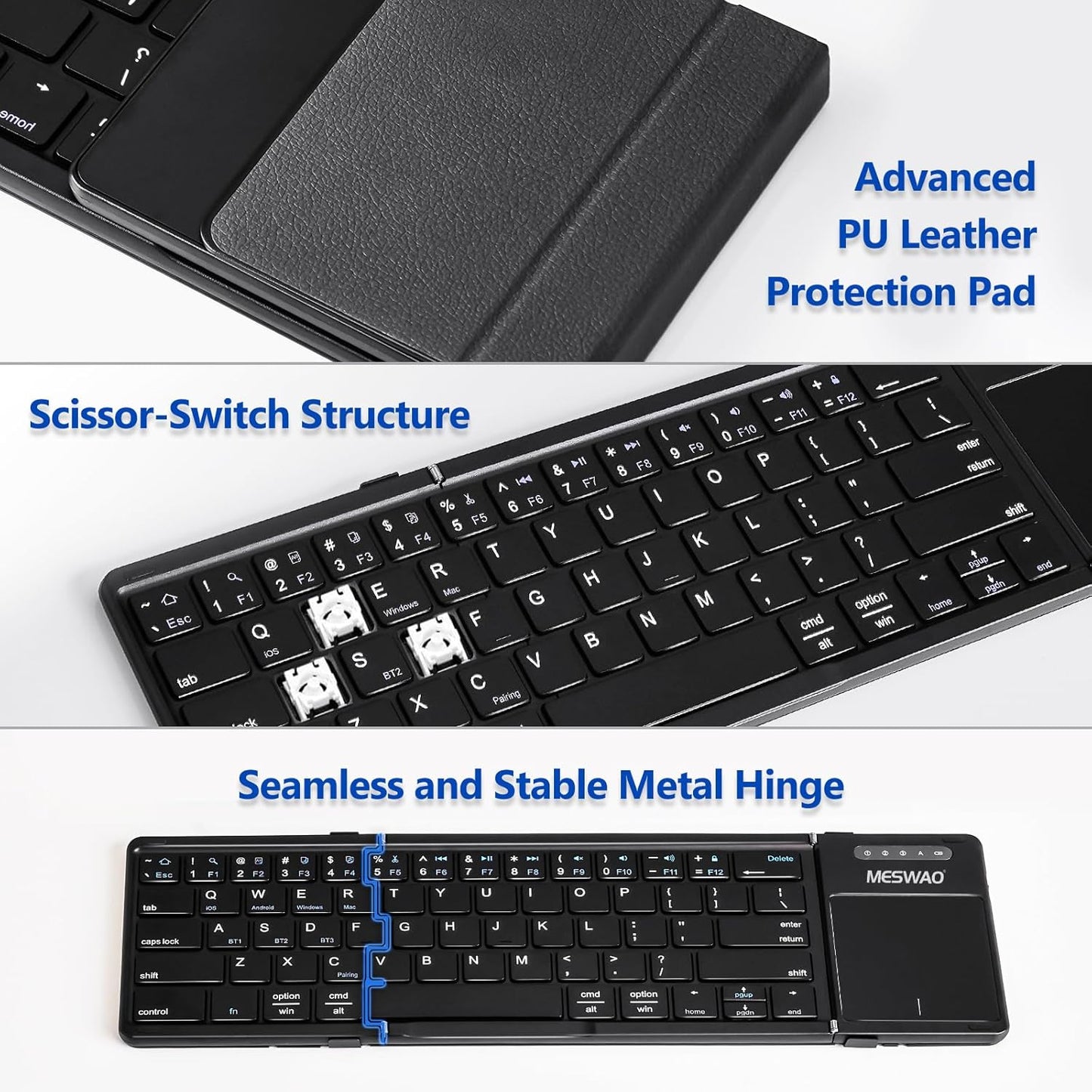 Foldable Bluetooth Keyboard with Touchpad, Wireless Folding Keyboards with PU Leather (Sync up to 3 Devices), Full-Size Portable Keyboard for Android/Windows/iOS