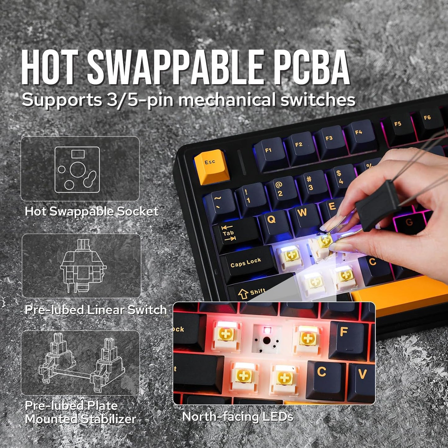 EPOMAKER x Aula F75 Gasket Mechanical Keyboard, 75% Wireless Hot Swappable Gaming Keyboard with Five-Layer Padding&Knob, Bluetooth/2.4GHz/USB-C, RGB (Black, Ice Vein Switch)