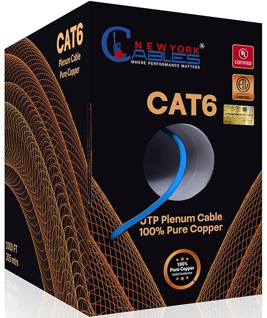NewYork Cables | CAT6 Plenum Cable 1000ft UL/ETL Listed, 100% Pure Copper, UTP, 550MHz, 23AWG, 4Pair 10GB Ethernet Cable | Certified CMP-Rated Fire-Resistant (1000ft, Pure Copper UL Listed, Blue)
