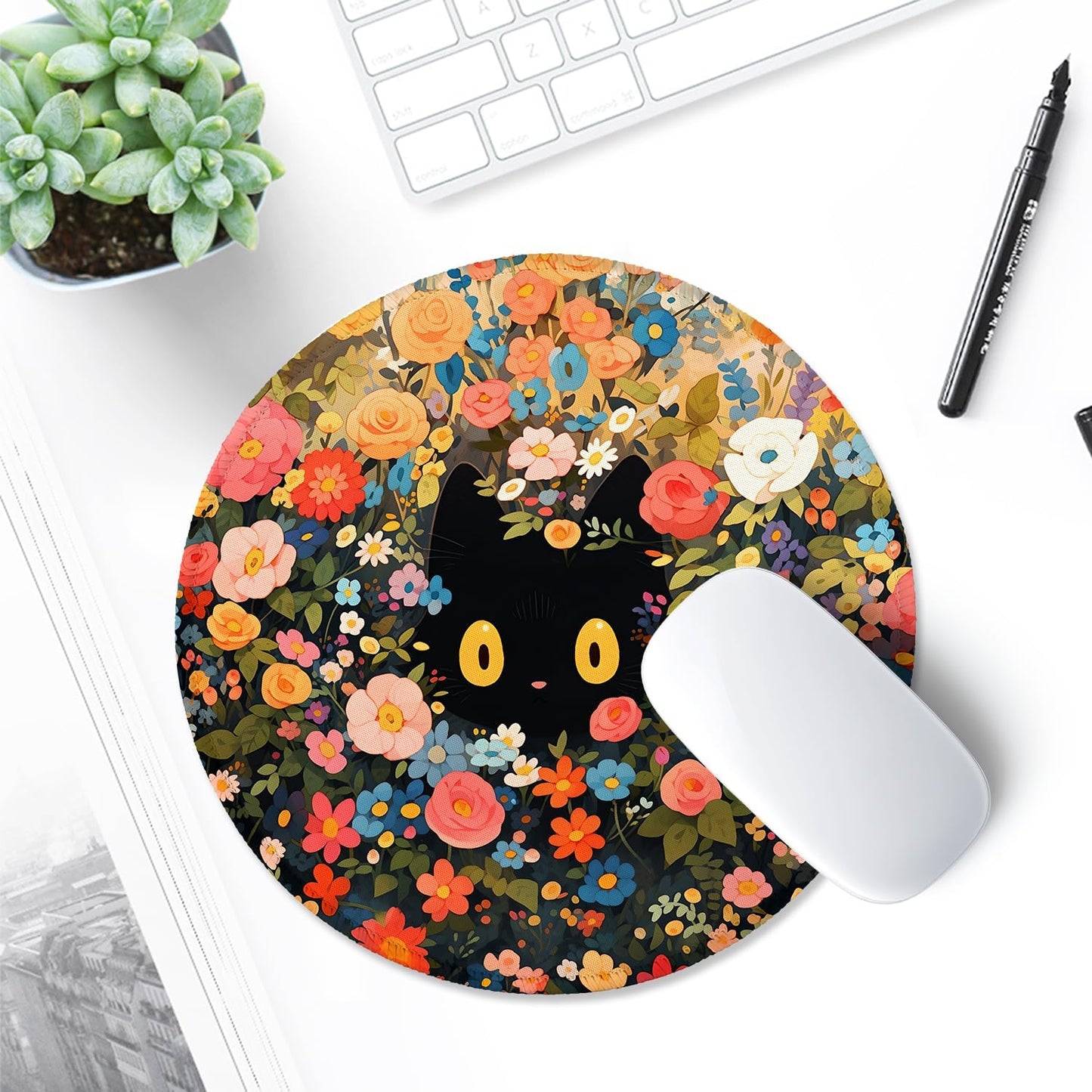 ITNRSIIET Round Mouse Pad with Stitched Edge Premium-Textured Waterproof Non-Slip Rubber Base Desktop Protection Mat Diameter 8.7 inches, Flower Cat