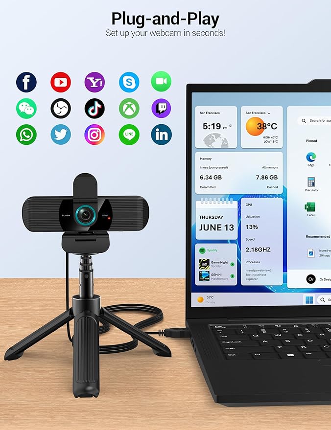 RUWBY QHD 2K Webcam with Built-in Dual Mics, Wide-Angle Lens, Privacy Cover, Tripod Stand, Autofocus Computer Camera, Plug and Play for Desktop PC or Laptop