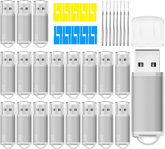 USB Thumb Drive 2GB Flash Drives 20 Pack, Nicepicten Memorias USB 2.0 Memory Stick Fat Flash Zip Drive 2 GB Jump Drives Multipack Pendrive with Landards and Lables (Sliver 2GB, 20 Pieces)