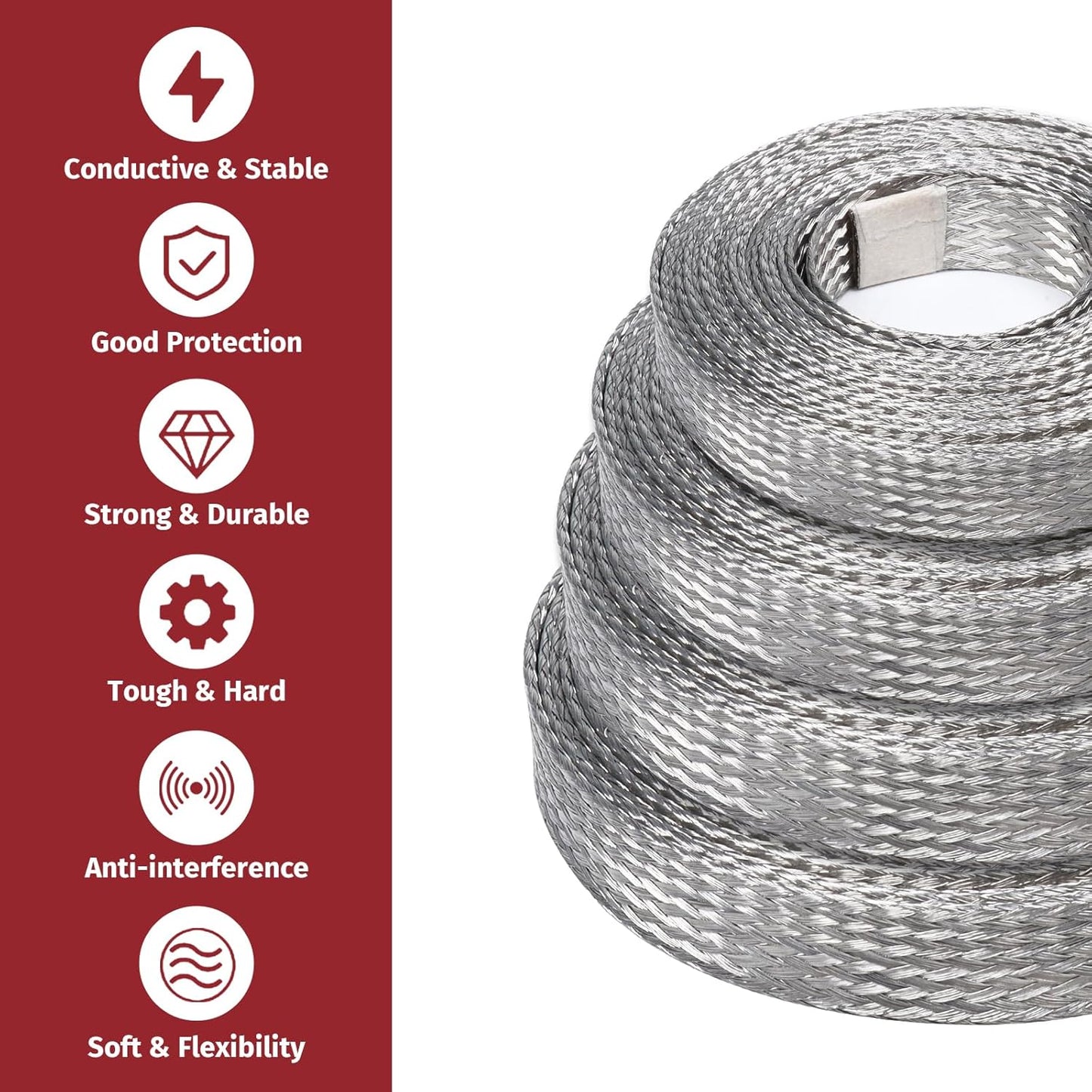 Tinned Copper Metal Braid Sleeving Wire Shielding Sleeve Braided Copper Ground Straps EMI/RFI Interference Expandable Flat Mesh Shielding Cable for Protect Wire (5/16inch-22ft)