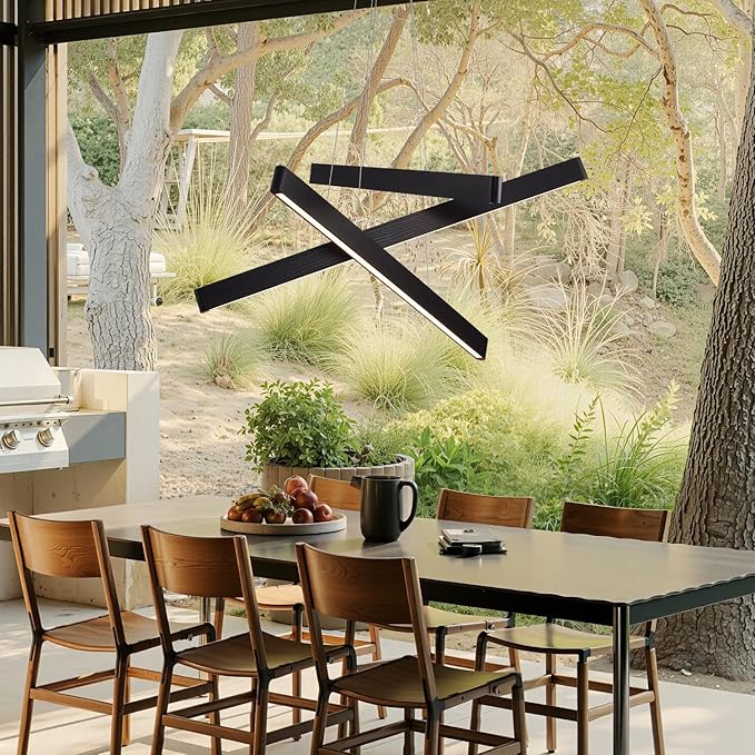 3-Light Solid Wood Black Linear Pendant Light - Dimmable Modern LED Chandelier for Dining Room Table Kitchen Island Living Room Ceiling - 45W Warm Light Adjustable Hanging Fixture Black