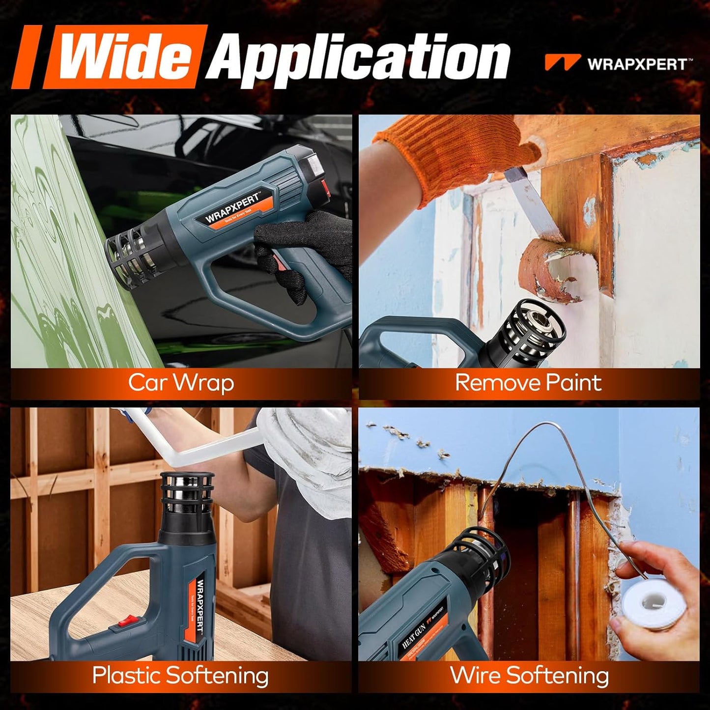WRAPXPERT Heat Gun for Vinyl Wrap with Digital LCD 2000W 122℉-1202℉（50℃- 650℃) Hot Air Gun Variable Temperature Control Memory Function for Car Wrap, Crafts, Shrinking Tubing, Stripping Paint