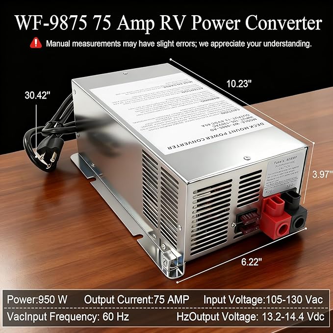 WF-9875 75 Amp RV Power Converter – Deck Mount Three-Stage Smart Charging, Compatible with WF-9800 Series, for RV Trailers Campers & Boats