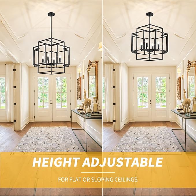 WJShome 16.5" Black Chandelier, 4-Light Farmhouse Foyer Lighting Fixtures, Modern Industrial Ceiling Lantern Pendant Light Large Chandeliers for High Ceilings, for Dining Room, Entryway, Staircase