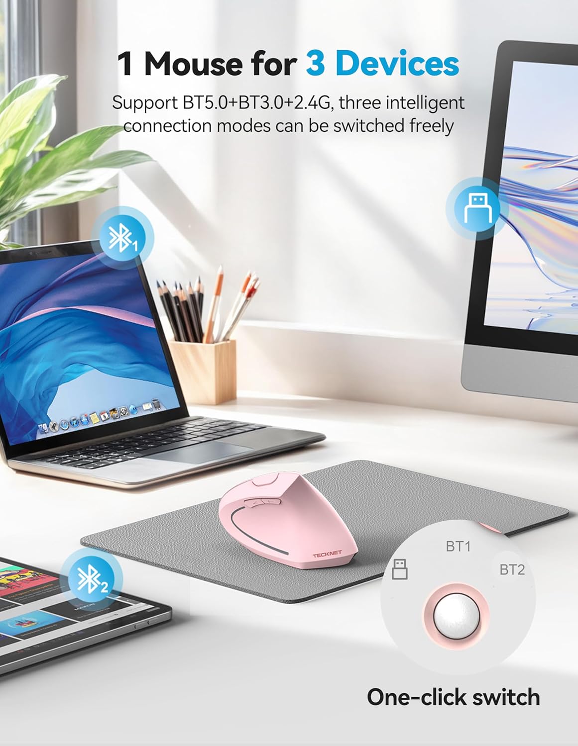 TECKNET Ergonomic Mouse, Rechargeable 2.4G+Bluetooth Vertical Mice 6 DPI Adjustable, Wireless Optical Carpal Tunnel Mouse for Right Hand, Silent 6 Buttons for Laptop, PC, MacBook, iPad - Pink