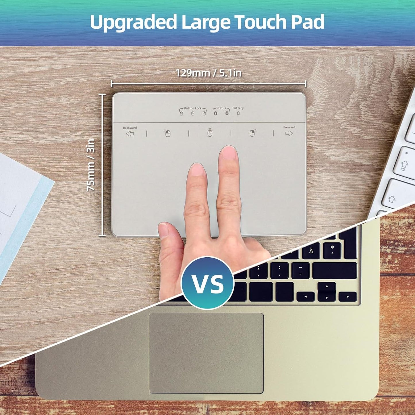 Wired & Wireless Metal Touchpad for PC Computer & Laptop, Rechargeable Trackpad Travel-Friendly Bluetooth & USB Mouse Pad for Windows 7/10/11, Silver