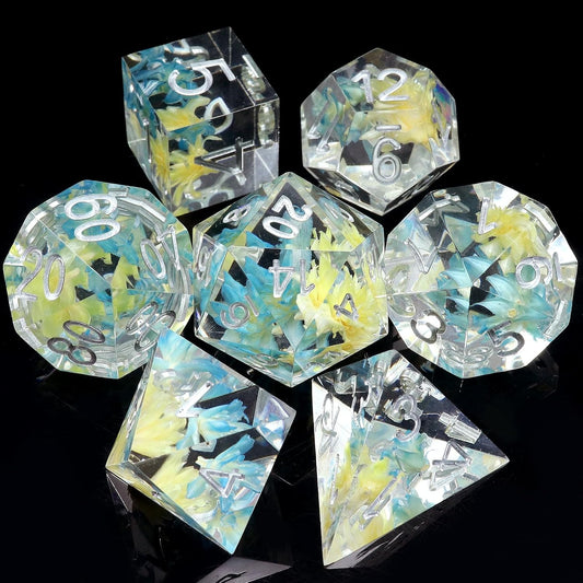 Haxtec Flower DND Dice Set Sharp Edge Dice with Dice Case Handmade Blue Yellow Resin D&D Dice Set for TTRPGs Compatible with Dungeons and Dragons Gifts