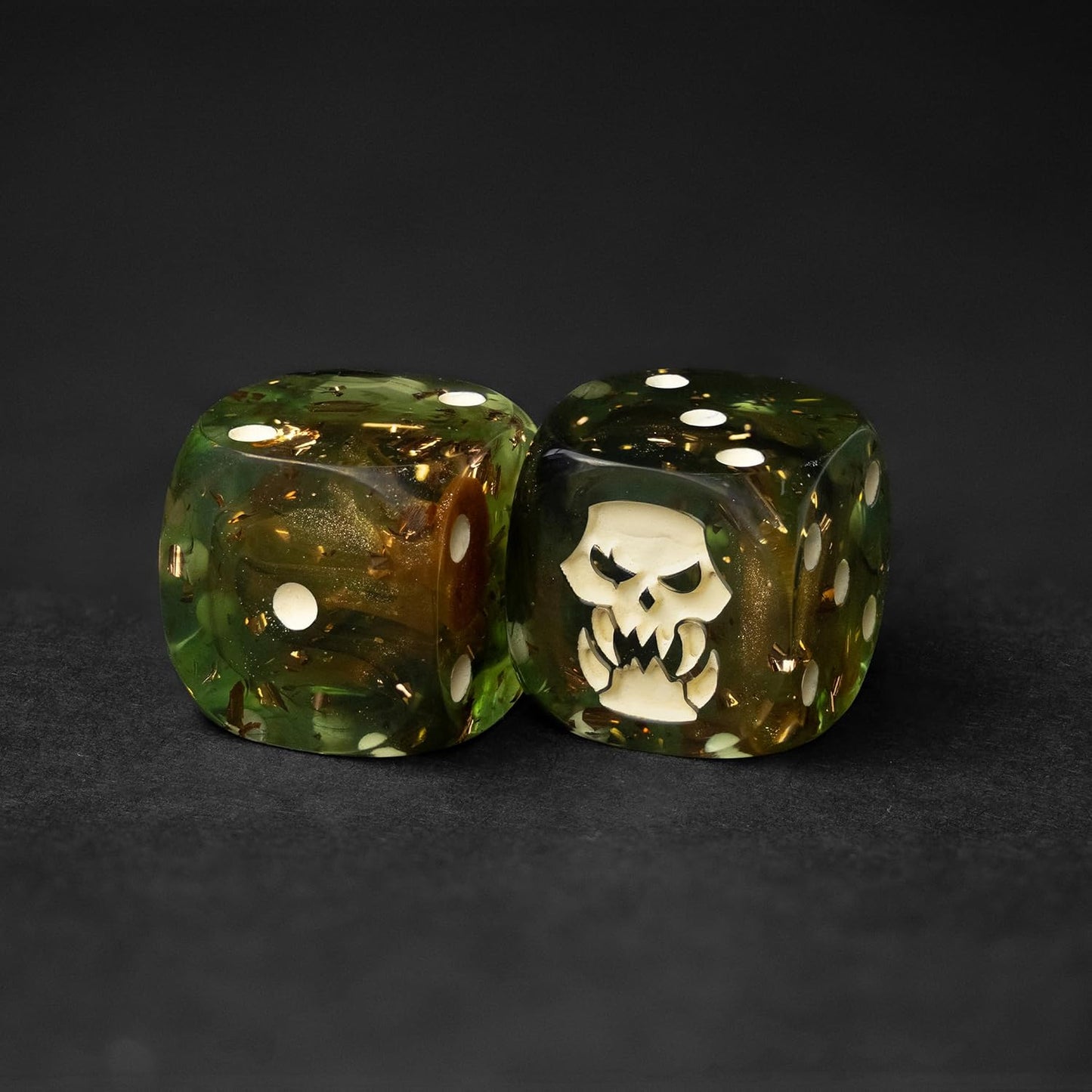 Orc D6 Dice Set – 10 x 16mm Resin Dice with Savage Skull Emblem | Dark Green Wargaming Dice for RPG & Tabletop Battles