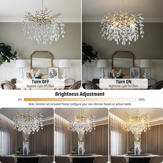 YUYI 23.6" Modern Gold Tree Branch Crystal Chandelier, 8-Light Round Raindrop Pendant Lighting for Dining Room Living Room Bedroom Kitchen Foyer Entryway, Luxury K9 Crystal Statement Light Fixture