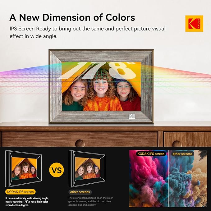 KODAK Wooden WiFi Digital Picture Frame, 32G 10.1 Inch Digital Photo Frame 1280x800 HD IPS Touch Screen, Auto-Rotate, Share Photos and Videos via KODAK App, for Friends and Family