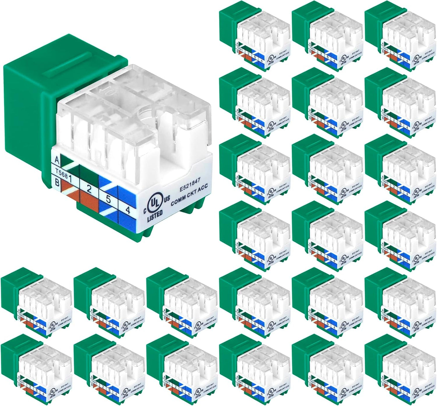 VCE UL Listed Cat6 RJ45 Keystone Jack Insert 25-Pack, 90 Degree Punch Down Keystone Jack Adapter Slim Profile Green