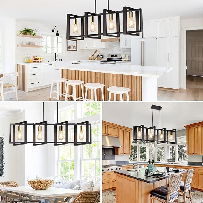 4-Light Dining Room Light Fixture, 53’’ Farmhouse Wood Chandelier Kitchen Island Lighting Over Table, Modern Black Gold Rectangular Hanging Pendant Light Fixture for Living Room, E26 Sockets