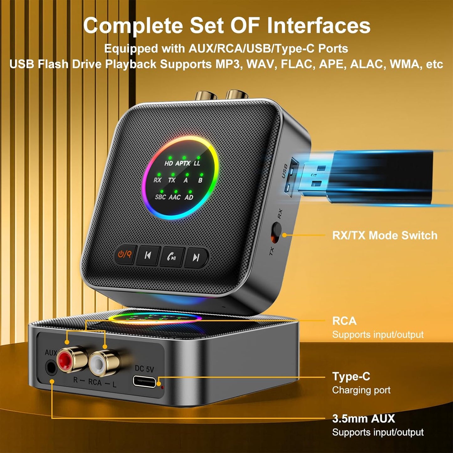 Upgrade Bluetooth 5.2 Transmitter Receiver aptX Adaptive/Low Latency/HD Bluetooth Adapter Support 2 AirPods Headphones, Wireless HiFi Audio Receiver with AUX RCA USB for TV/Car/PC/Home Stereo/Speakers