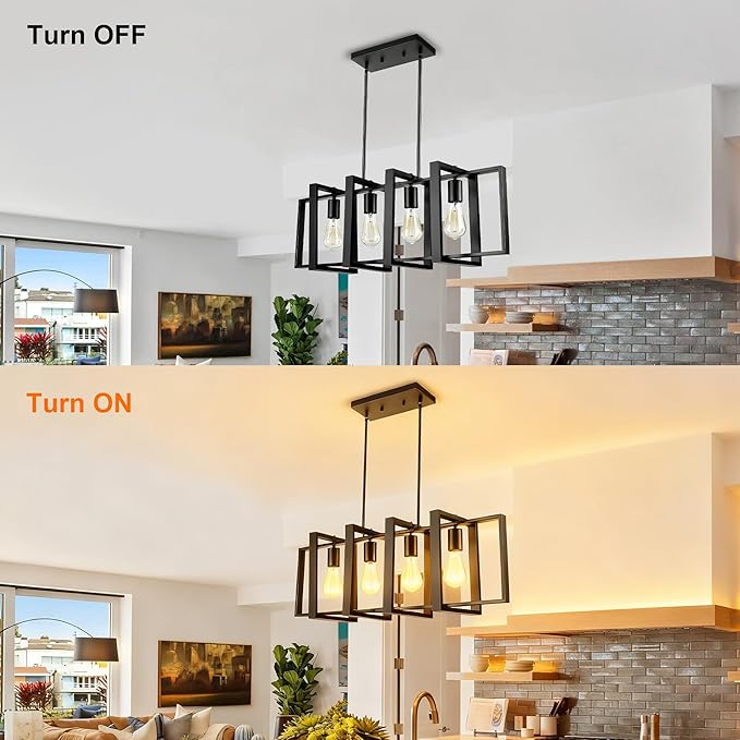 4-Light Island Lights for Kitchen, Rectangular Black Metal Kitchen Island Chandelier 31.5" Adjustable Rustic Modern Dining Room Light Fixtures Over Table, Chandeliers for Dining Room