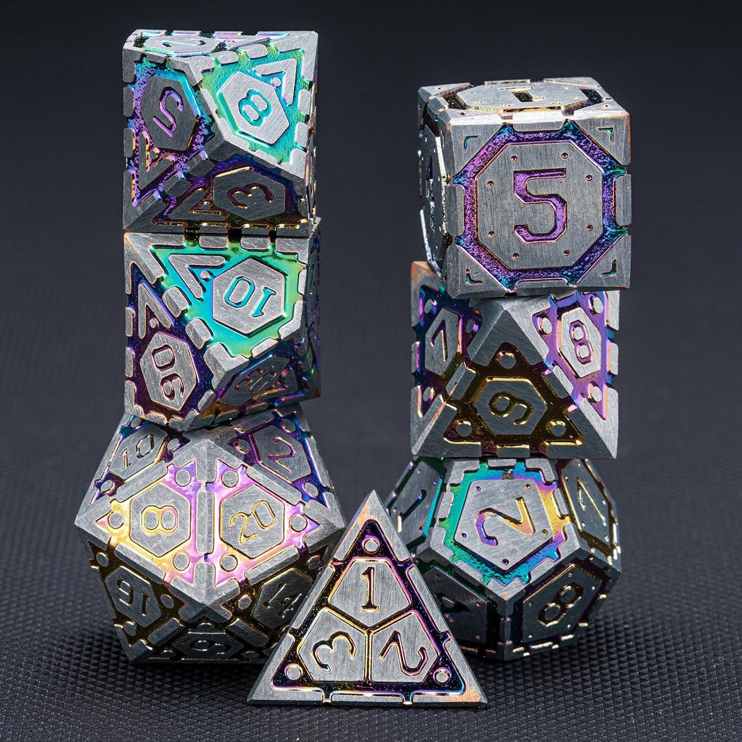 DND Metal Dice Set, Polyhedral Dice Set for RPG D&D Dice with Cracks Dungeons and Dragons Dice Set for RPG TTRPG D&D Die with Gift Case（Silver and Coloured Ink-1）