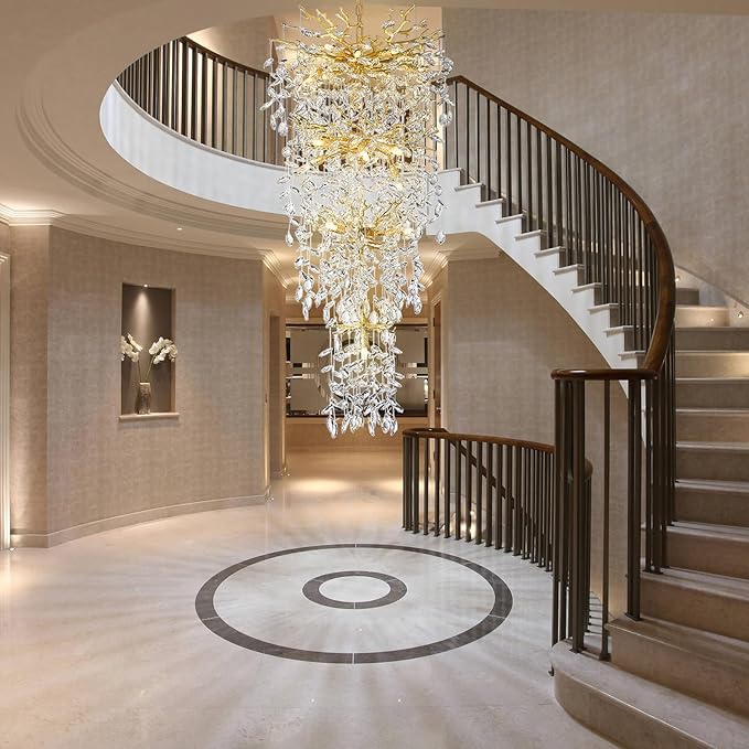YUYI 47'' Long Crystal Chandelier for High Ceiling, 25-Light Modern Gold Tree Branch Chandelier, Large Chandeliers for Staircase Foyer Entryway Living Room, 4-Tier Luxury K9 Raindrop Light Fixture