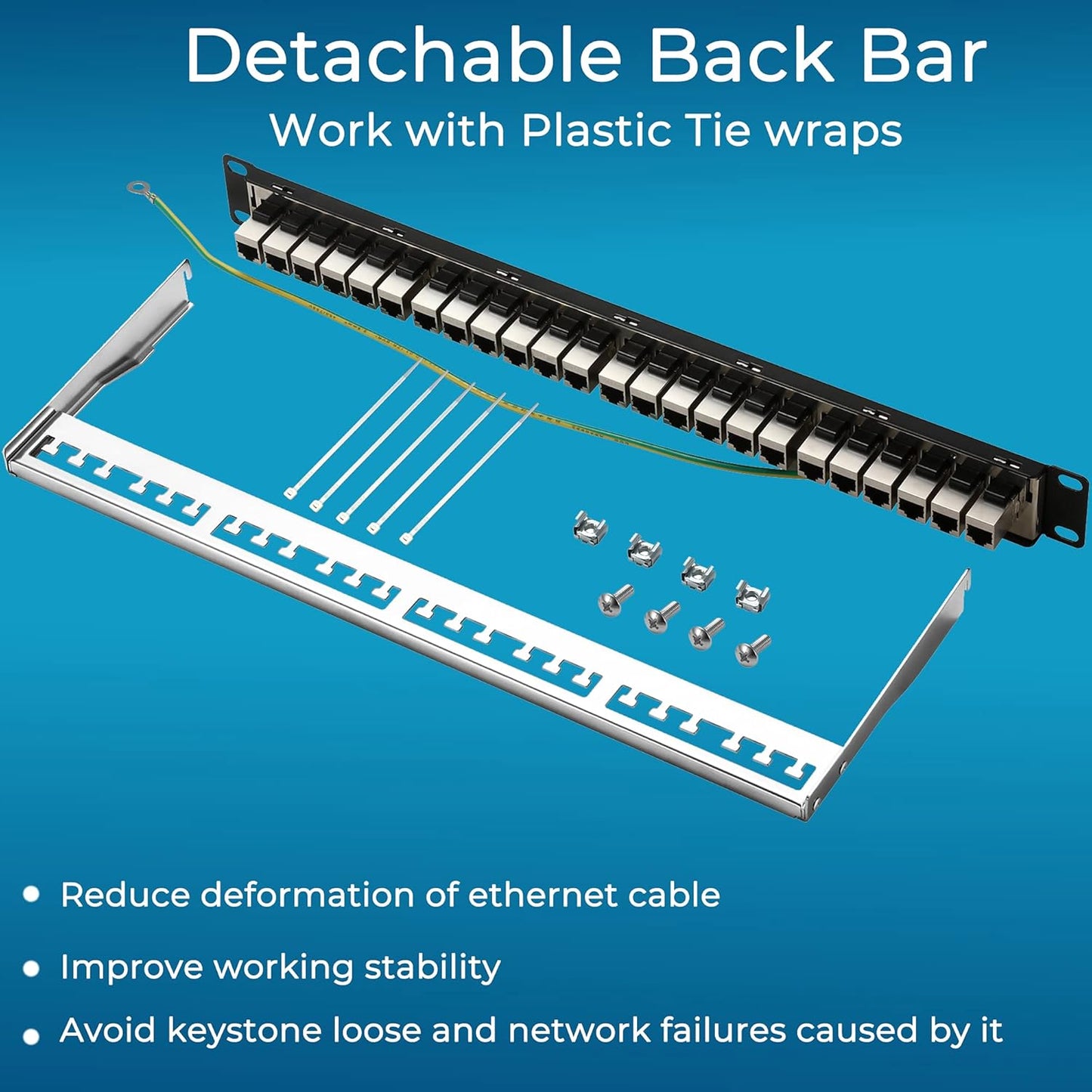 Rapink Patch Panel 24 Port Cat6A with Inline Keystone 10G Support, Coupler Patch Panel STP Shielded 19-Inch with Removable Back Bar, 1U Network Panel for Cat7, Cat6, Cat6A, Cat5e
