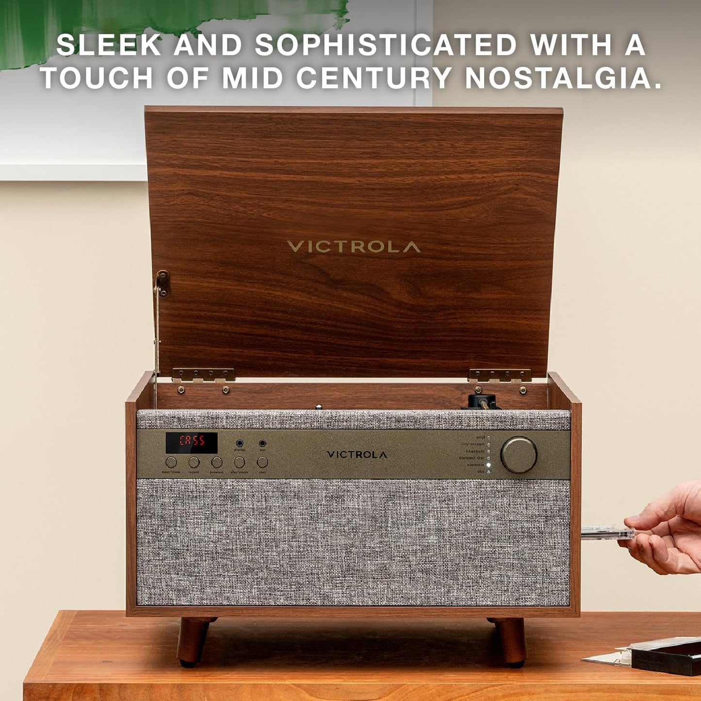 Victrola Century 6-in-1 Vinyl Record Player & Music Center – 3-Speed Turntable, CD & Cassette Player, VINYLSTREAM, Bluetooth & 3.5mm Aux, Record Player with Speakers, Mid Century Design (Natural)