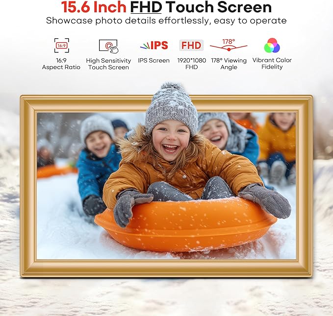 64GB 15.6" Frameo Digital Picture Frame WiFi, Large Electronic Photo Frames Golden 1920 x 1080 IPS FHD Touch Screen, Send Photos from Your Phone from Anywhere, Best Gifts for Family and Friends
