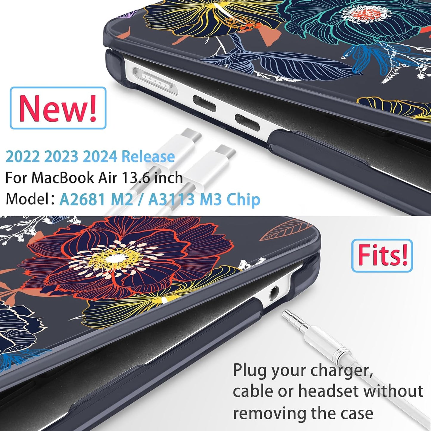 Mektron for 2025 M4 MacBook Air 13.6 Inch A3240 Case Fits 2023 A2681 M2 2024 A3113 M3 Chip with Liquid Retina Display Touch ID, Printed Plastic Hard Shell Cover for MacBook Air 13.6", Dahlia Flowers