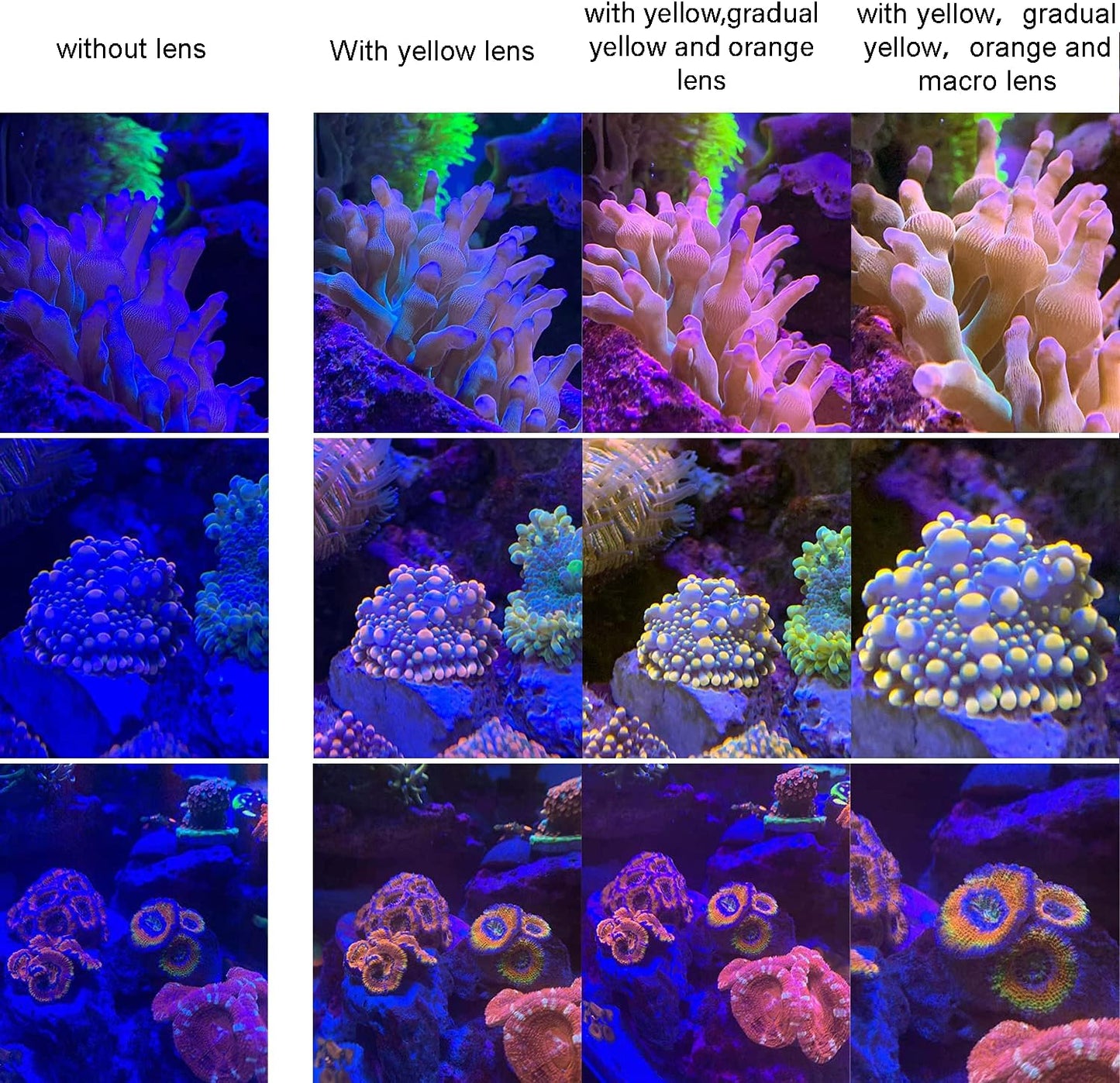 Reef Coral Lens for Phone, Smartphone Camera Reef Lens,11 Kits in a Whole Coral Reef Filter Lens Set，1 Dust Case 2 Clips 8 Lenses Yellow,Orange,Gradual Yellow Orange Pink,Star6,CPL,Macro