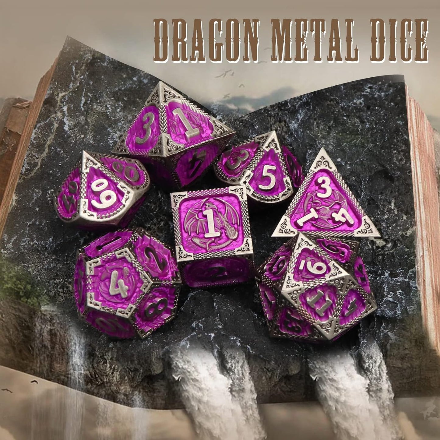 PJOY Metal DND Dice Set with Dice Case Antique Silver Purple Dragon D&D Polyhedral Dice for RPG Role Playing Games Compatible with Dungeons and Dragons TTRPG Gifts