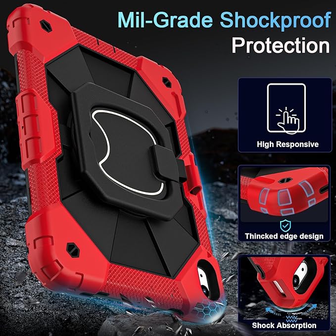 Case for iPad (A16) 11th Generation 11 Inch (2025) /iPad 10th Generation 10.9 Inch (2022) with Screen Protector,Military Grade Shockproof 10th Gen i Pad Case with Rotatable Stand,Red Black