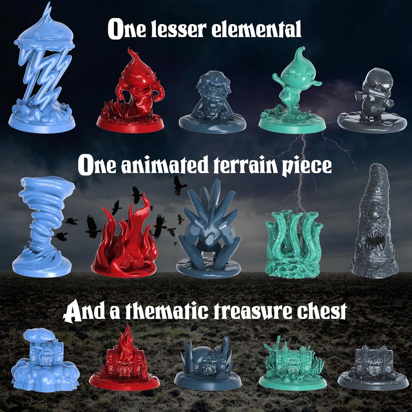 Underdusk: Elemental Encounters - 35 Unpainted Tabletop Miniatures for D&D, Pathfinder & RPGs | Includes Fire, Ice, Water, Air, and Earth Elements with Stat Blocks