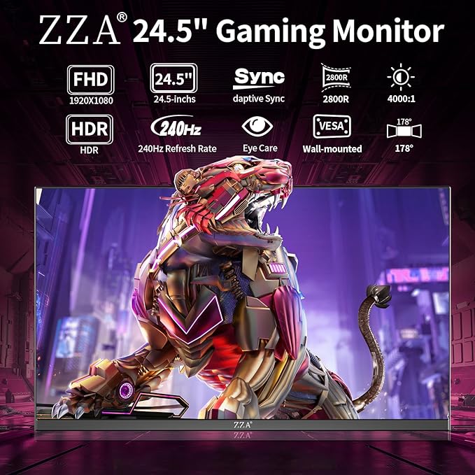 ZZA 24.5" Curved Gaming Monitor, 240Hz|144Hz FHD(1920 * 1080P) VA Screen Computer Monitor, Supports Freesync, 120% sRGB, Blue Light Filter,AMD Freesync, Wall Mountable Installs(HDMI 1.4/DP 1.2)