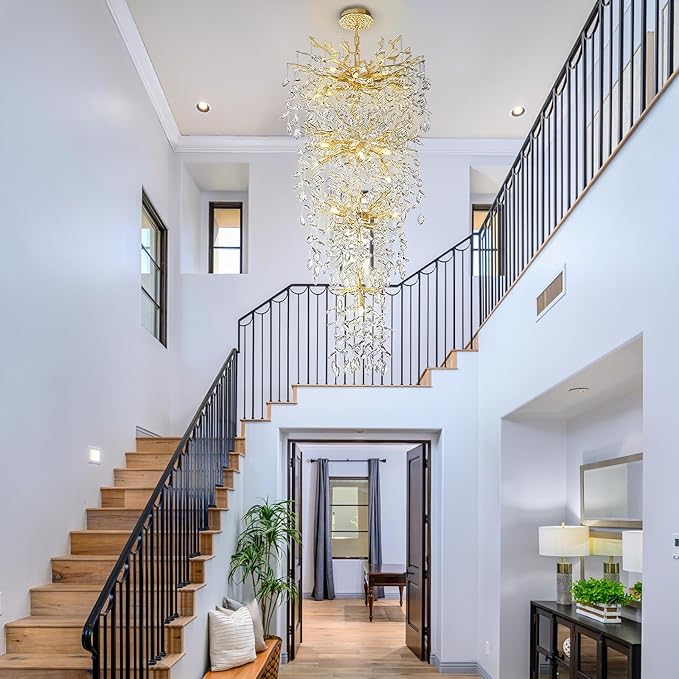 YUYI 47'' Long Crystal Chandelier for High Ceiling, 25-Light Modern Gold Tree Branch Chandelier, Large Chandeliers for Staircase Foyer Entryway Living Room, 4-Tier Luxury K9 Raindrop Light Fixture