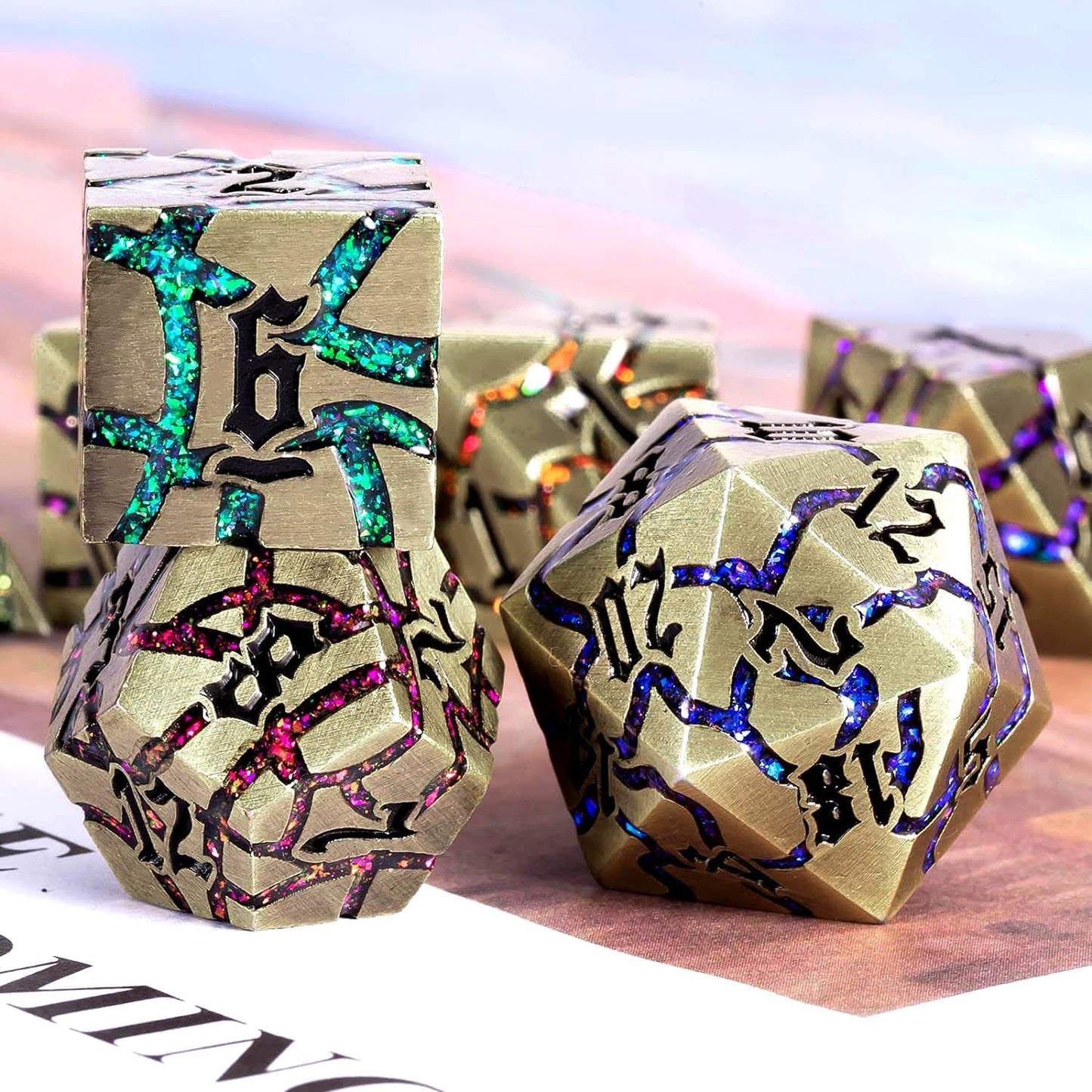 Metal DND Dice Set, 7PCS Polyhedral D&D Dice Set,Glitter Crack Dice Set for Dungeons and Dragons Role Playing Game(Antique Blue 7 Colors)