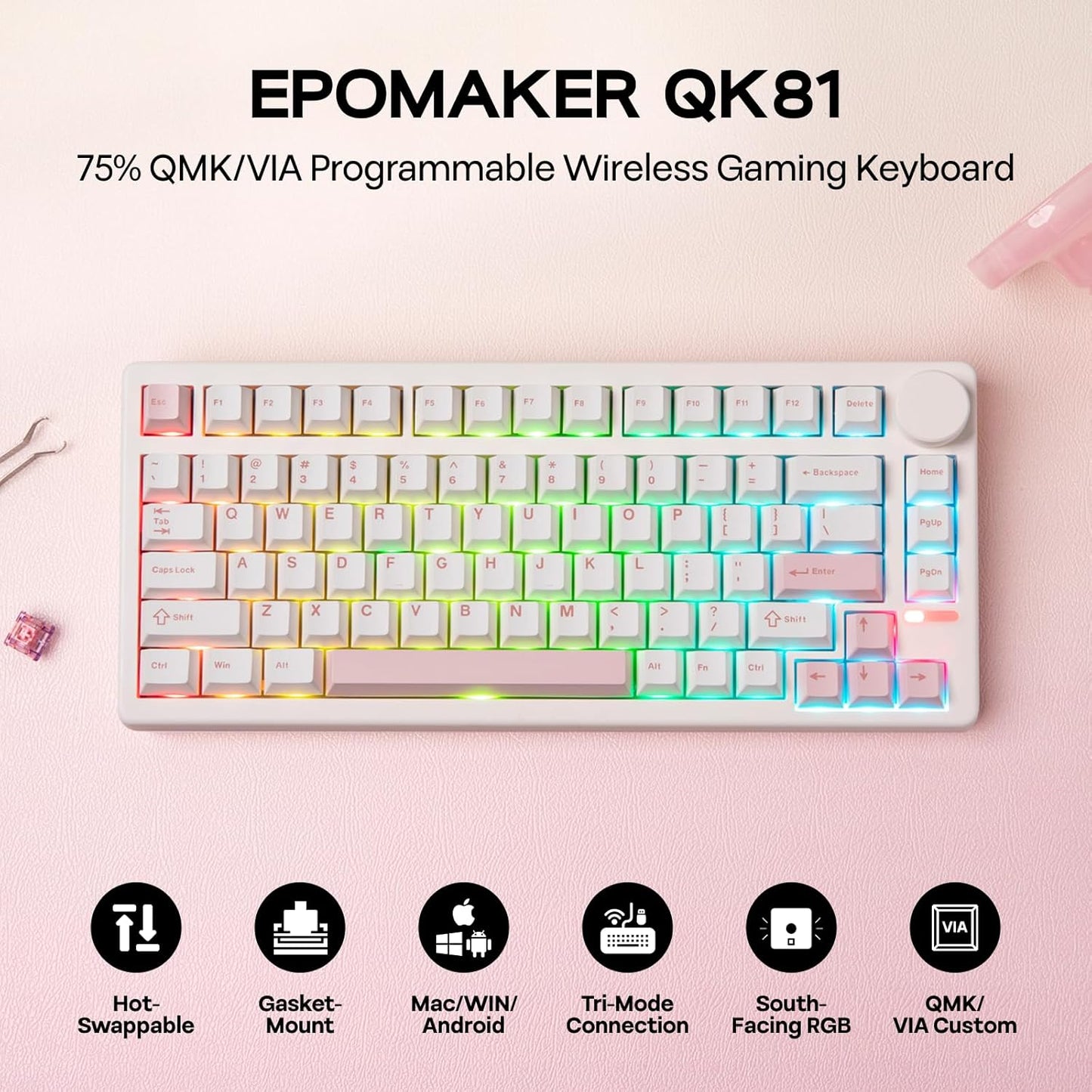 EPOMAKER QK81 75% Wireless Mechanical Gaming Keyboard, QMK/VIA Programmable and Hot-Swappable, 81 Keys with Metal Knob, 2.4Ghz/BT/USB, Creamy Gasket-Mount, RGB Backlight (White, Wisteria Switch)