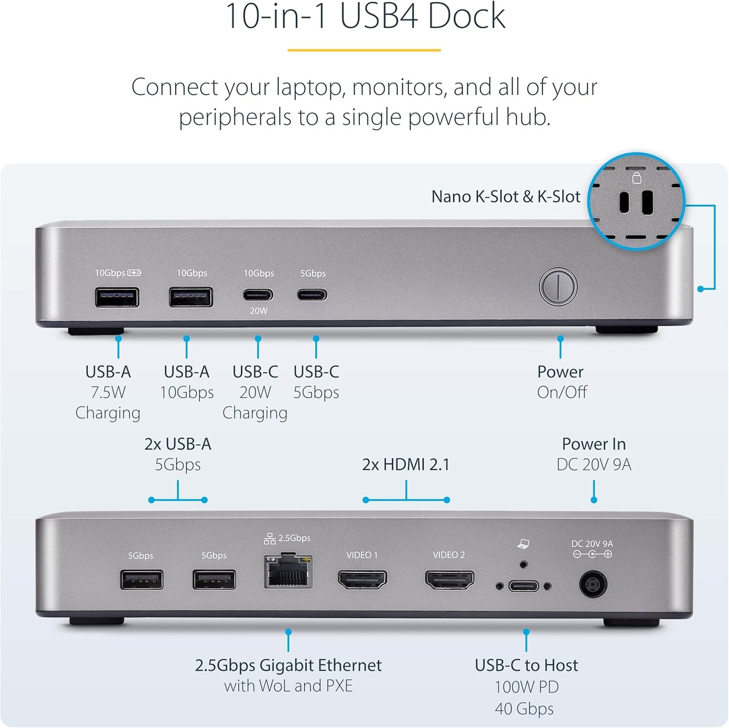 StarTech.com USB-C Docking Station (10-in-1, USB4), Up to 100W Charging for Laptop, 40Gbps Data Transfer, 2.5Gb Ethernet, Single 8K, Dual 4K Display, 6X USB (Not MacOS Compatible)